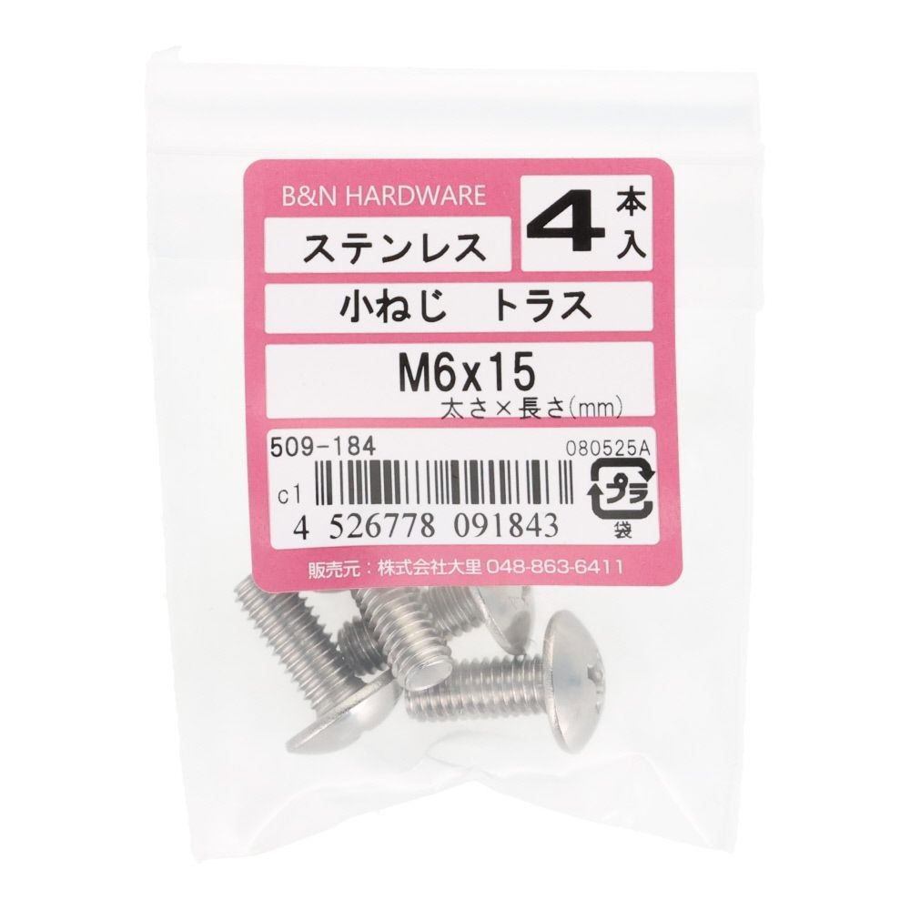 ＯＨＳＡＴＯ　ステン　コネジ　トラス　Ｍ６&times;１５, ステンレス, 4本入り