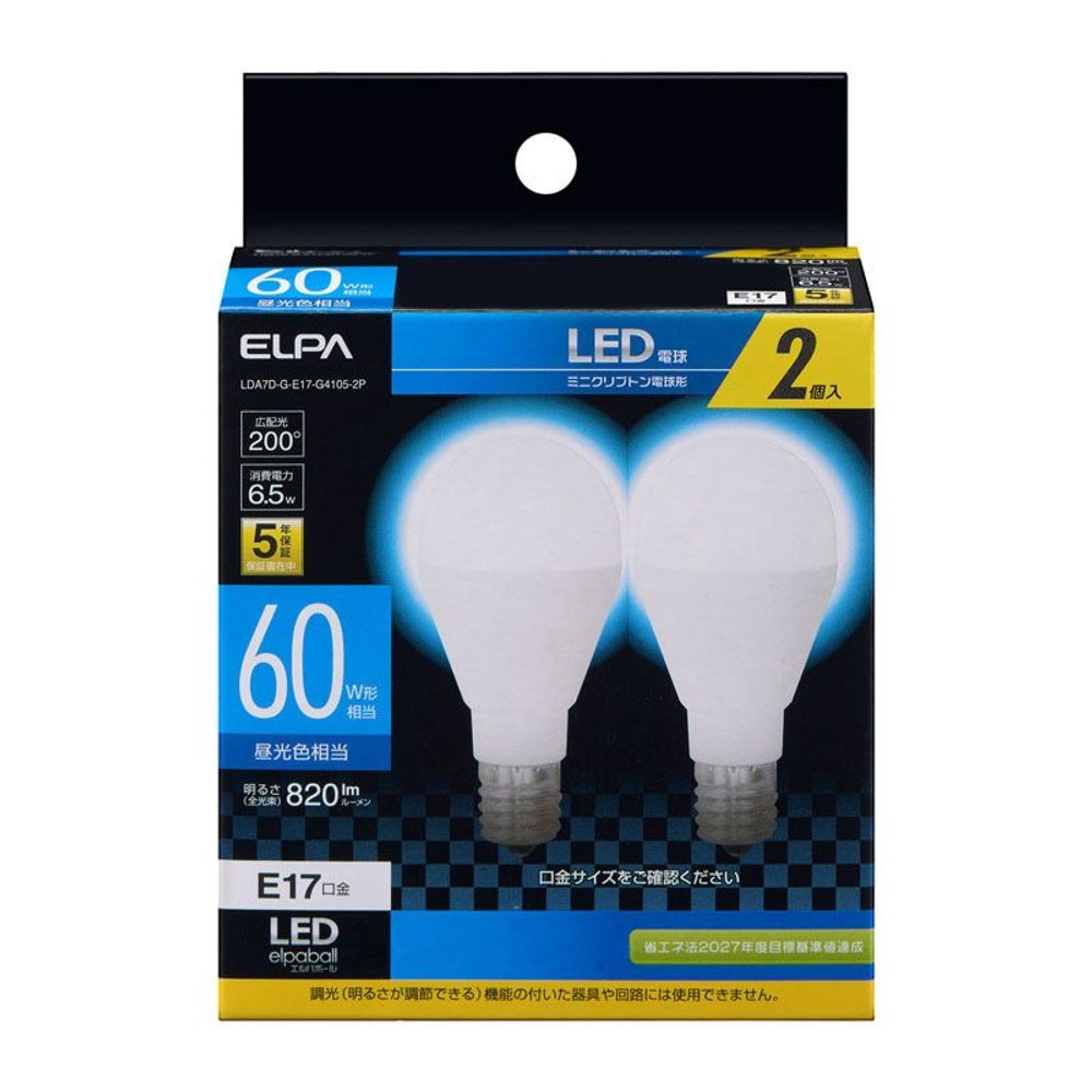 ＥＬＰＡ　ＬＥＤ電球　Ｅ17　60ｗ相当, その他カラー１, 1個入り