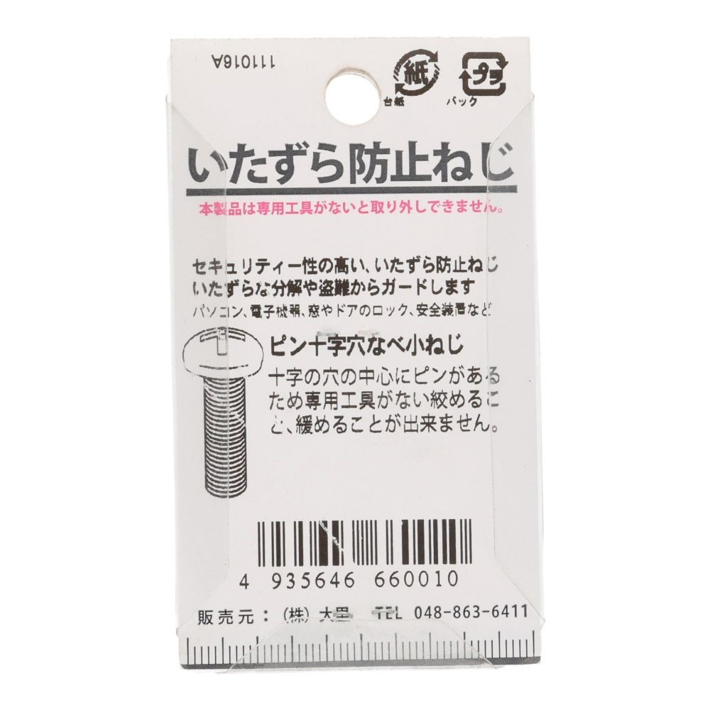 ピン十字ネジ　ナベ　３&times;６ｍｍ, ねじ, 6個入り