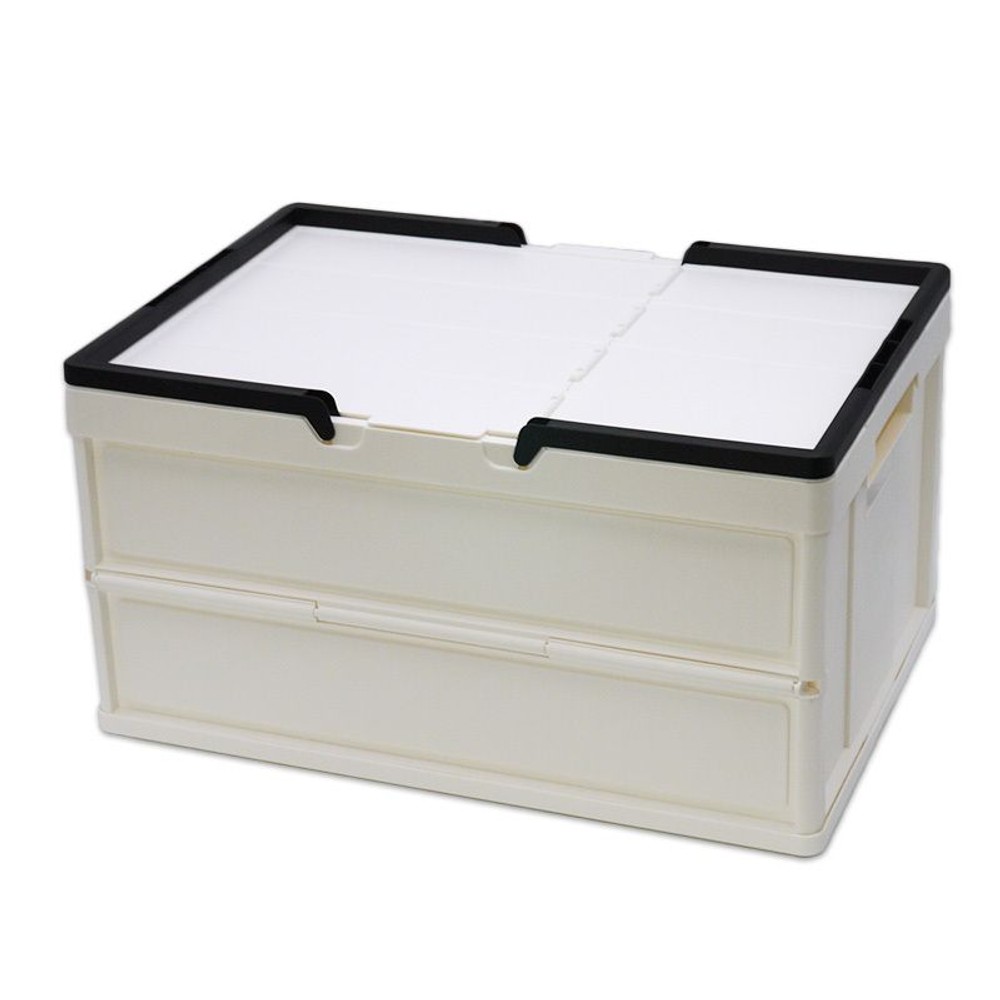 取っ手付　折りたたみコンテナ（フタ付）, ホワイト, 通常