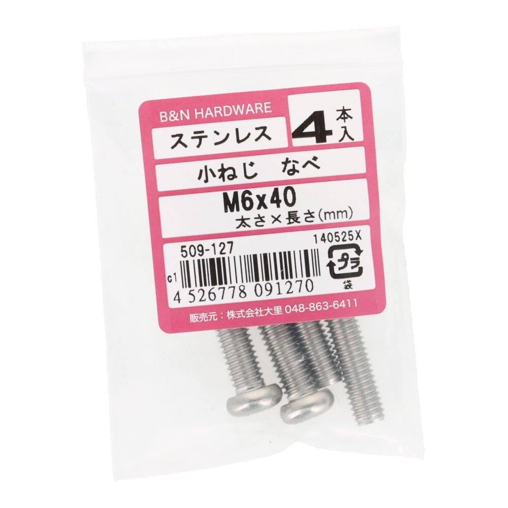 ＯＨＳＡＴＯ　ステン　コネジ　ナベ　Ｍ６&times;４０, ステンレス, 4本入り