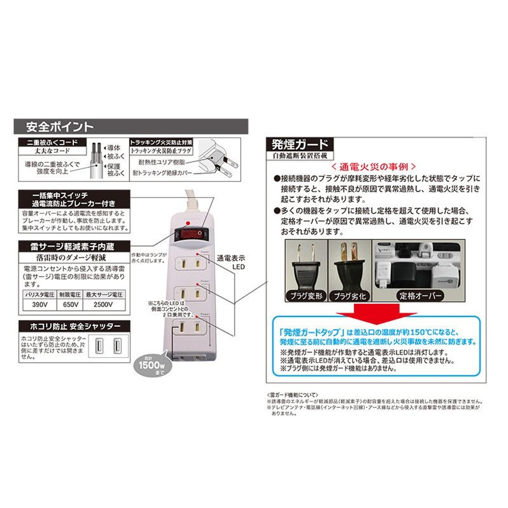OHM　電源タップ 発煙ガードタップ 集中スイッチ付 雷ガード 4個口, ホワイト（1）, 1.0m