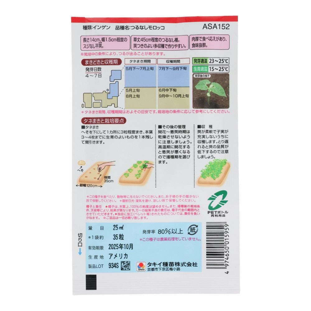 タキイ　つるなしインゲン　つるなしモロッコ, いんげん, 25ml