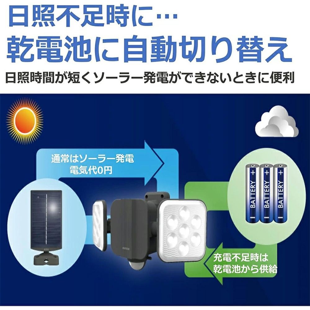 6.5W 2灯フリーアーム式ハイブリッドLEDソーラーライト S-HB250 株式会社ムサシ, ブラック, 幅281mm&times;奥行134mm&times;高さ147mm