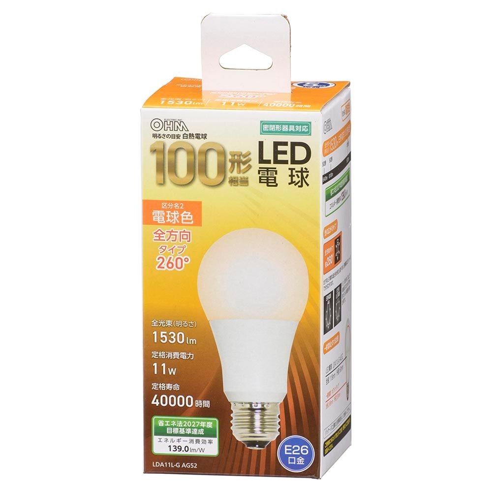 ＯＨＭ　ＬＥＤ電球１００形　ＬＤＡ１１ＬーＧ, 電球色, 100型