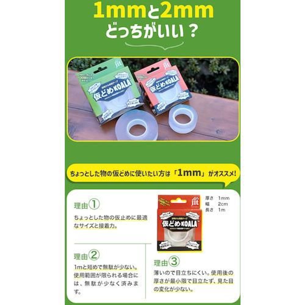 仮どめコアラ　透明ゲル両面テープ, ホワイト（1mm厚）, 幅20mm×長さ2m×厚さ1mm