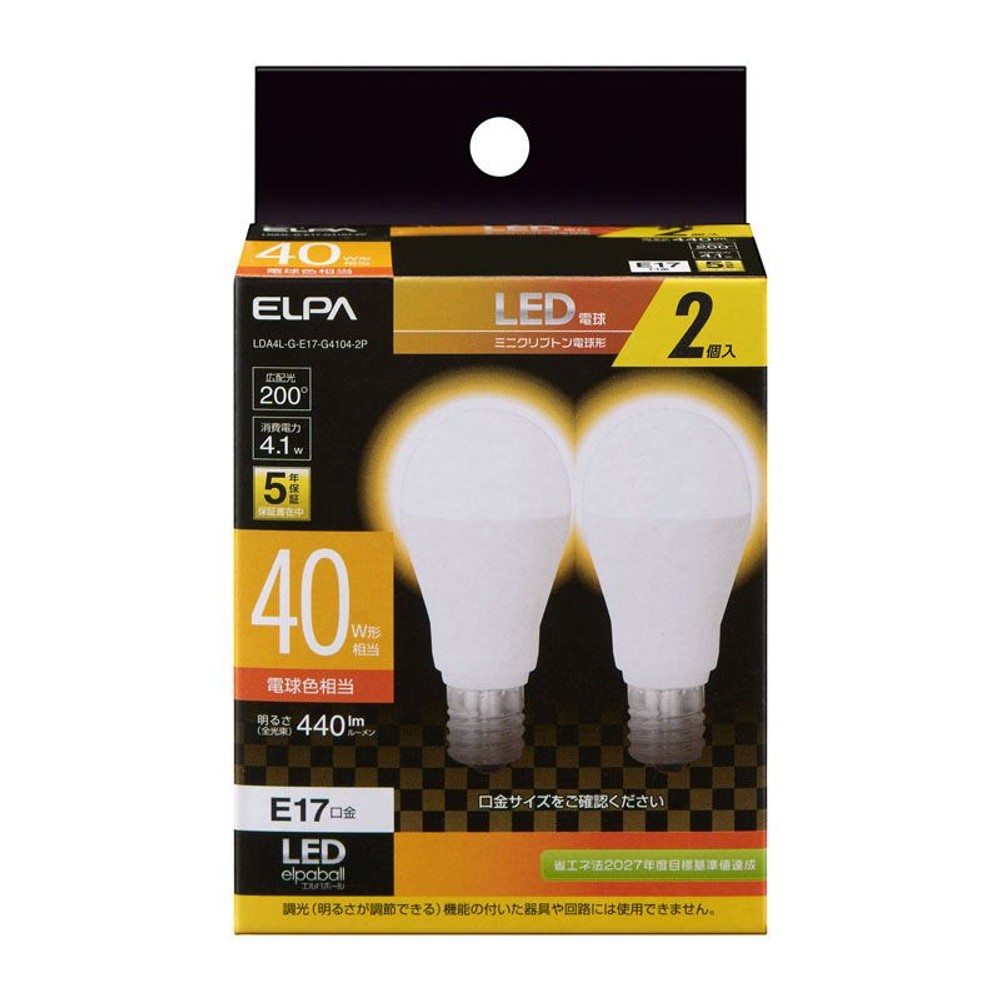 ＥＬＰＡ　ＬＥＤ電球　Ｅ17　40ｗ相当, その他カラー２, 2個入り