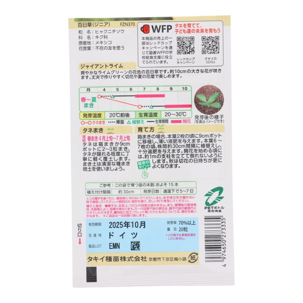タキイ　百日草　ジャイアントライム, 百日草, 20粒