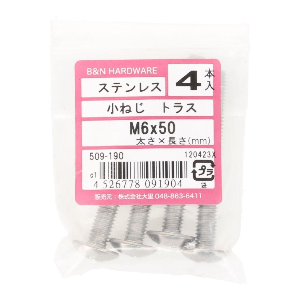 ＯＨＳＡＴＯ　ステン　コネジ　トラス　Ｍ６&times;５０, ステンレス, 4本入り