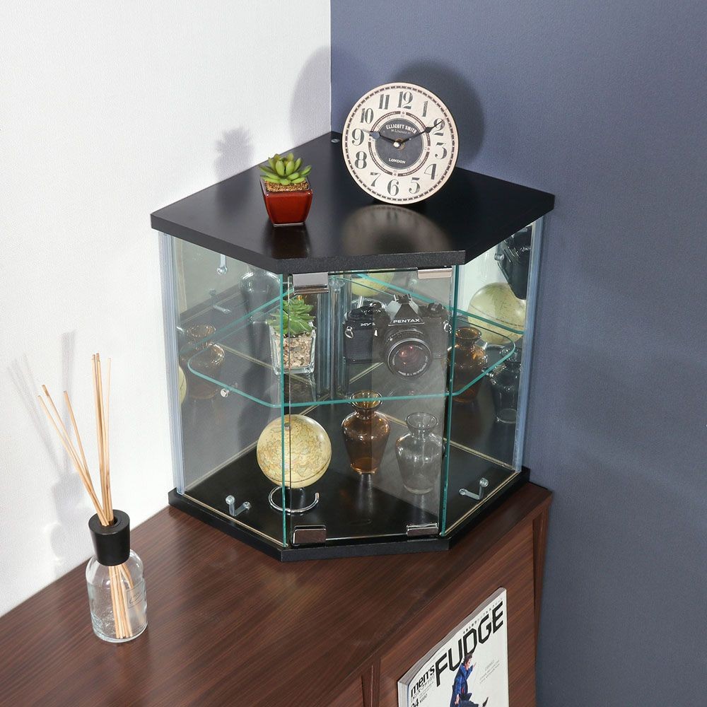 不二貿易 卓上ガラスコレクションケース　コーナー　ＢＫ【メーカー直送・代引不可】, ブラック, 幅350mm&times;奥行350mm&times;高さ425mm
