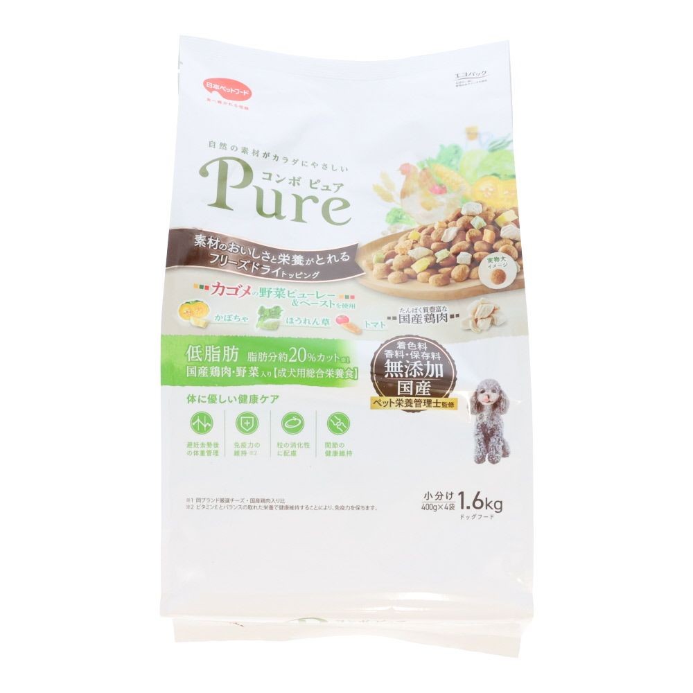 日本ペットコンボピュアドッグ低脂肪１．６ｋｇ, 低脂肪 国産鶏肉・野菜入り, 1.6kg