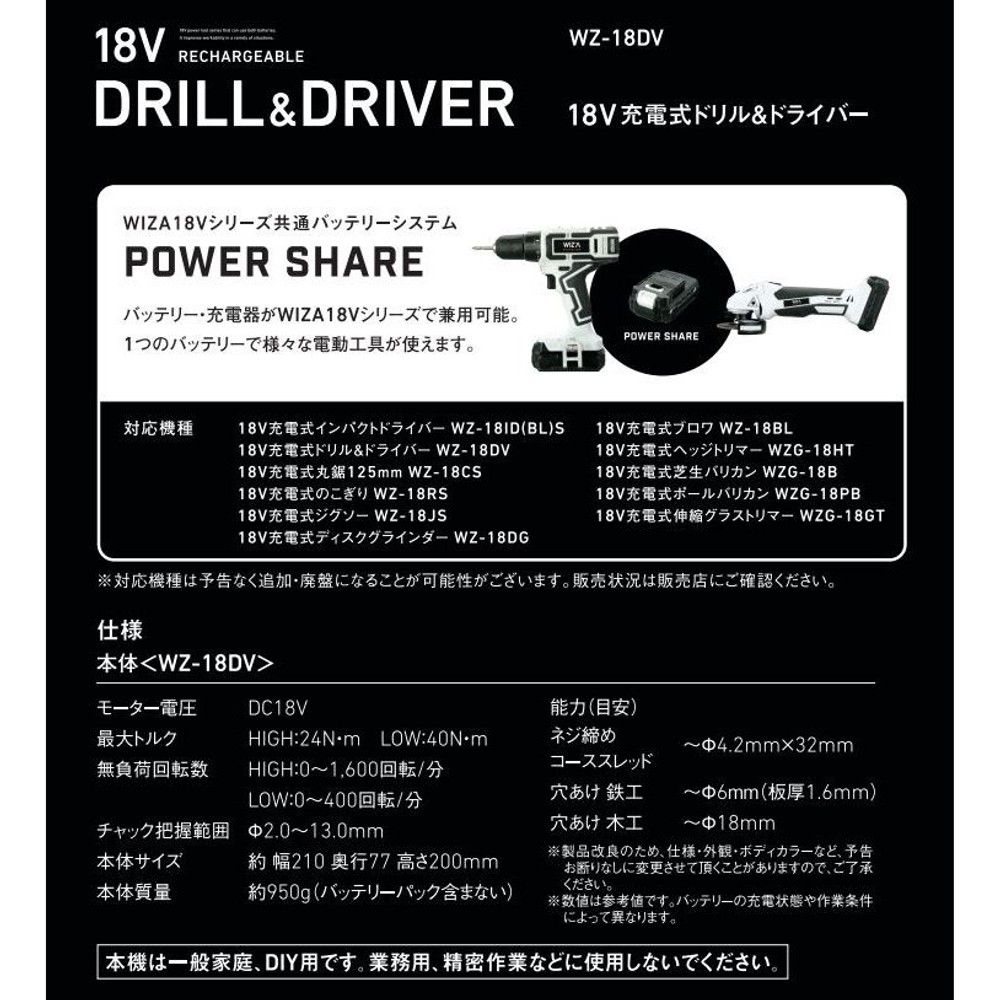 ウイザ WIZ'A 18V 充電式ドリルドライバー WZ-18DV 本体のみ, その他カラー１, その他サイズ１