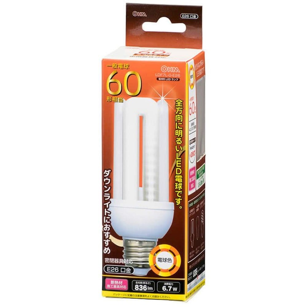 ＯＨＭ　ＬＥＤ電球　Ｄ形　Ｅ２６　６０形相当, 電球色, 60W形