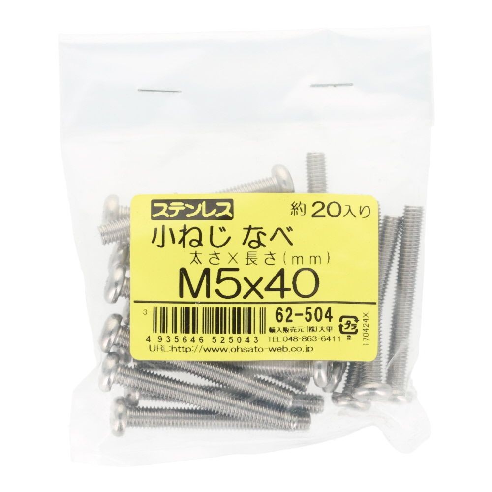ステンレス　小ねじ鍋　Ｍ５&times;４０　２０個入, ステンレス, M5&times;40