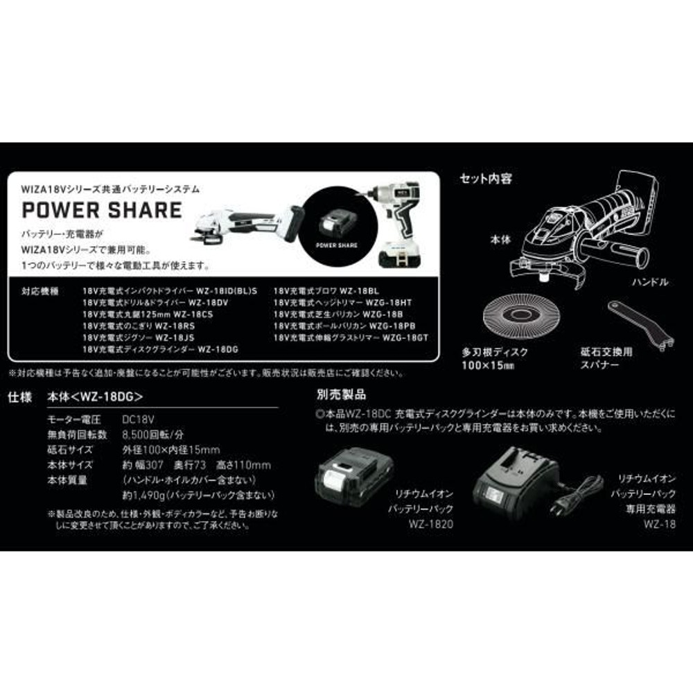 ウイザ WIZ'A 18V 充電式ディスクグラインダー WZ-18DG 本体のみ, ホワイト, 本体のみ