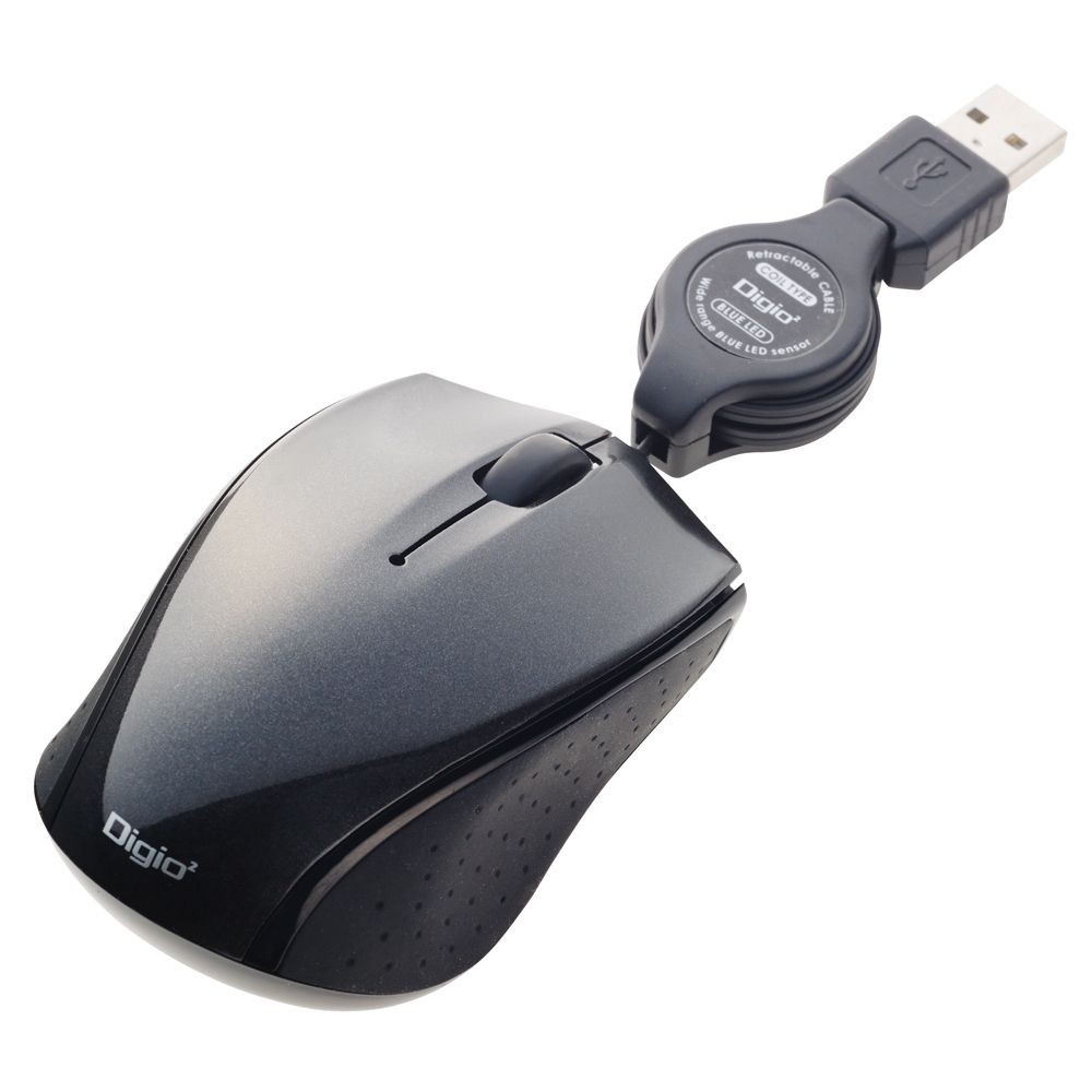 巻取有線3ボタンBlueLEDマウス　ブラック, ブラック, 約0.8m