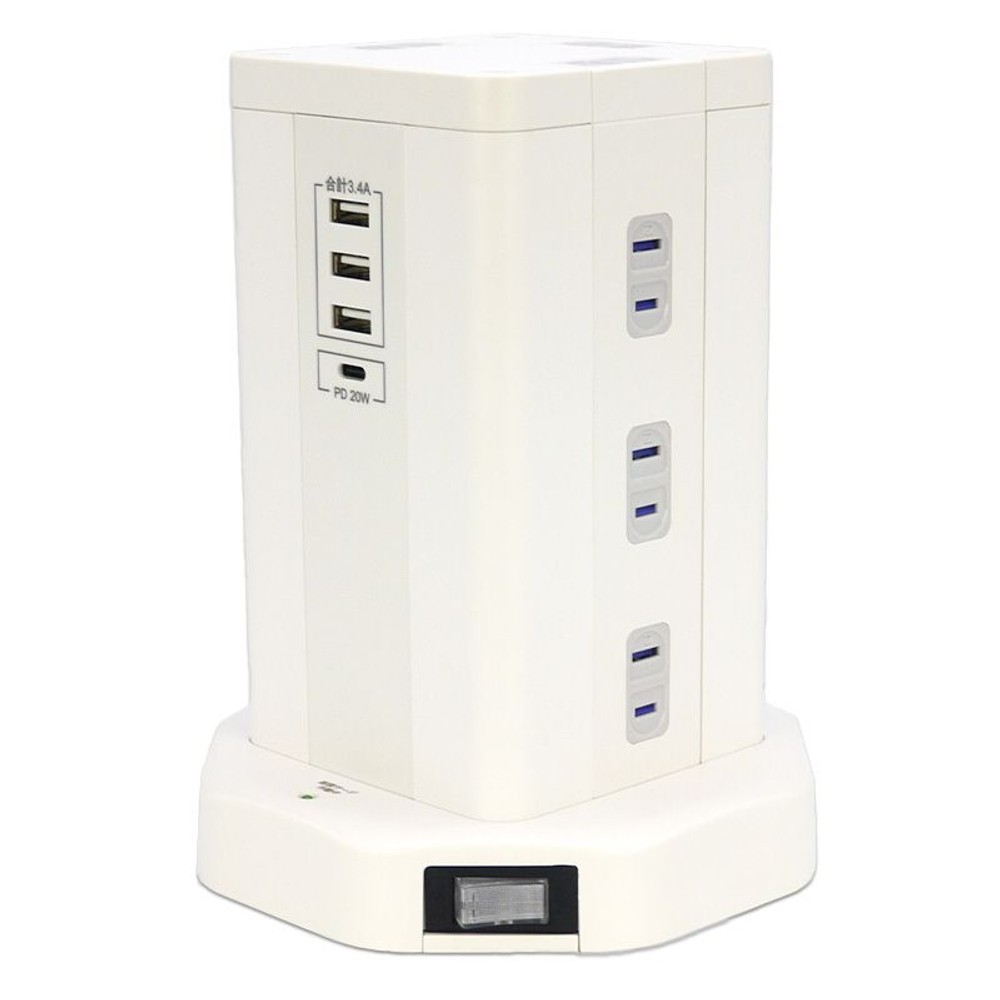 タワー型タップ ＵＳＢ4ポート ＡＣ12個口　3ｍ, ホワイト, その他サイズ１