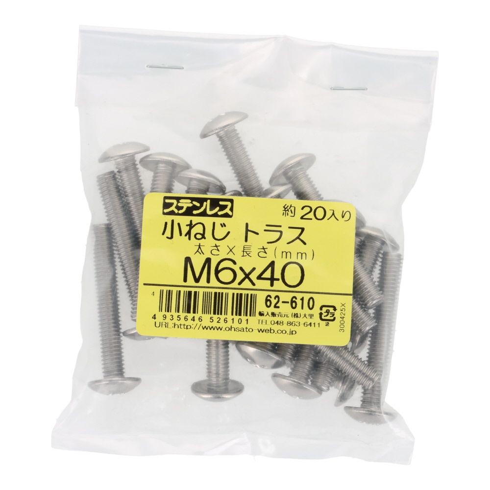 ステンレス　小ねじ　トラス　Ｍ６&times;４０　２０入, ステンレス, 20個入り