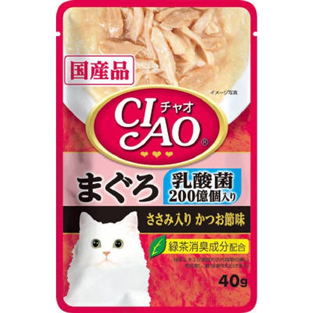 チャオパウチ　乳酸菌入り　まぐろ　ささみかつお節味　40ｇ, まぐろ　ささみかつお, 40g