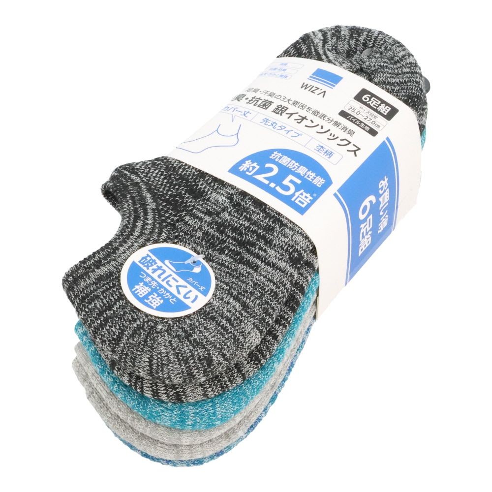 WIZ'A ウィザ 消臭・抗菌　銀イオン６P パイル先丸カバー丈　杢柄, アソート, 25.0〜27.0cm