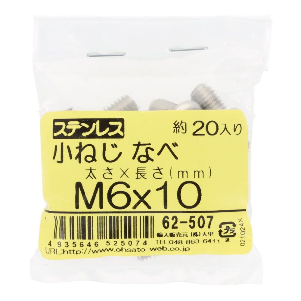 ステンレス　小ねじ鍋　Ｍ６&times;１０　２０個入, ステンレス, M6&times;10