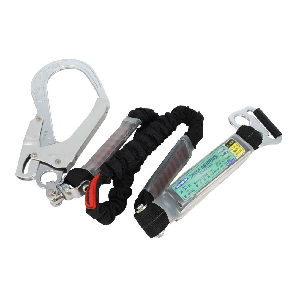 .TSUYORON 胴ベルト型墜落制止用器具用ランヤード（伸縮タイプ）ノビロン（BK）ショックアブソーバ＋B環FLー68・フックFSー93SV D環止めなし, ブラック, 1.55m