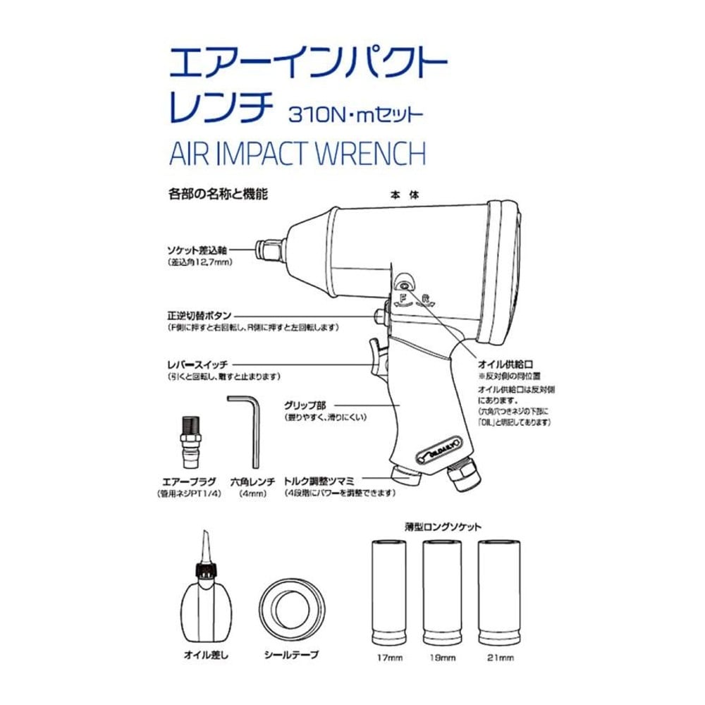 GREATTOOL エアーインパクトレンチセット 310N・m GTAW-310, ブルー, 310N・m