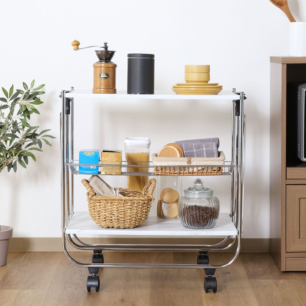 不二貿易 大理石柄フォールディングワゴン【メーカー直送・代引不可】, ホワイト, 幅680mm&times;奥行400mm&times;高さ700mm