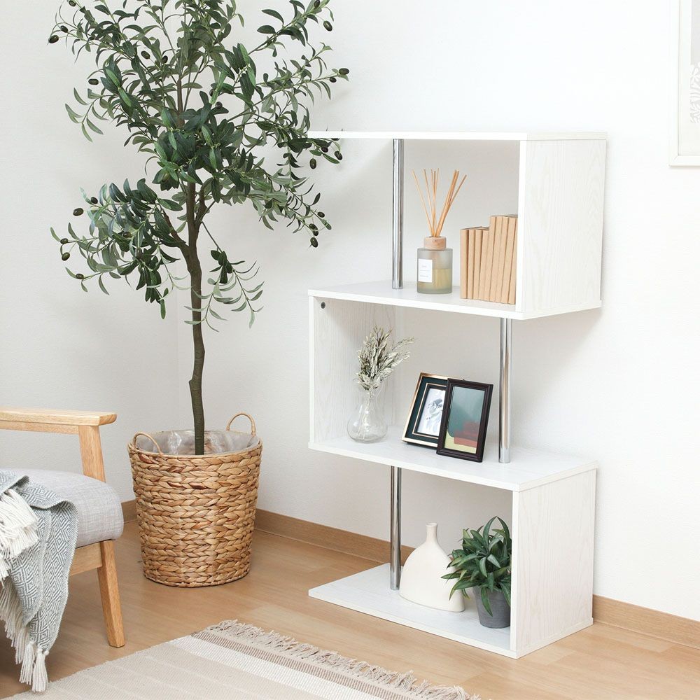 不二貿易 Ｓ字型ディスプレイラック３段　オーク　ＷＨ【メーカー直送・代引不可】, ホワイト, 幅600mm&times;奥行290mm&times;高さ1086mm