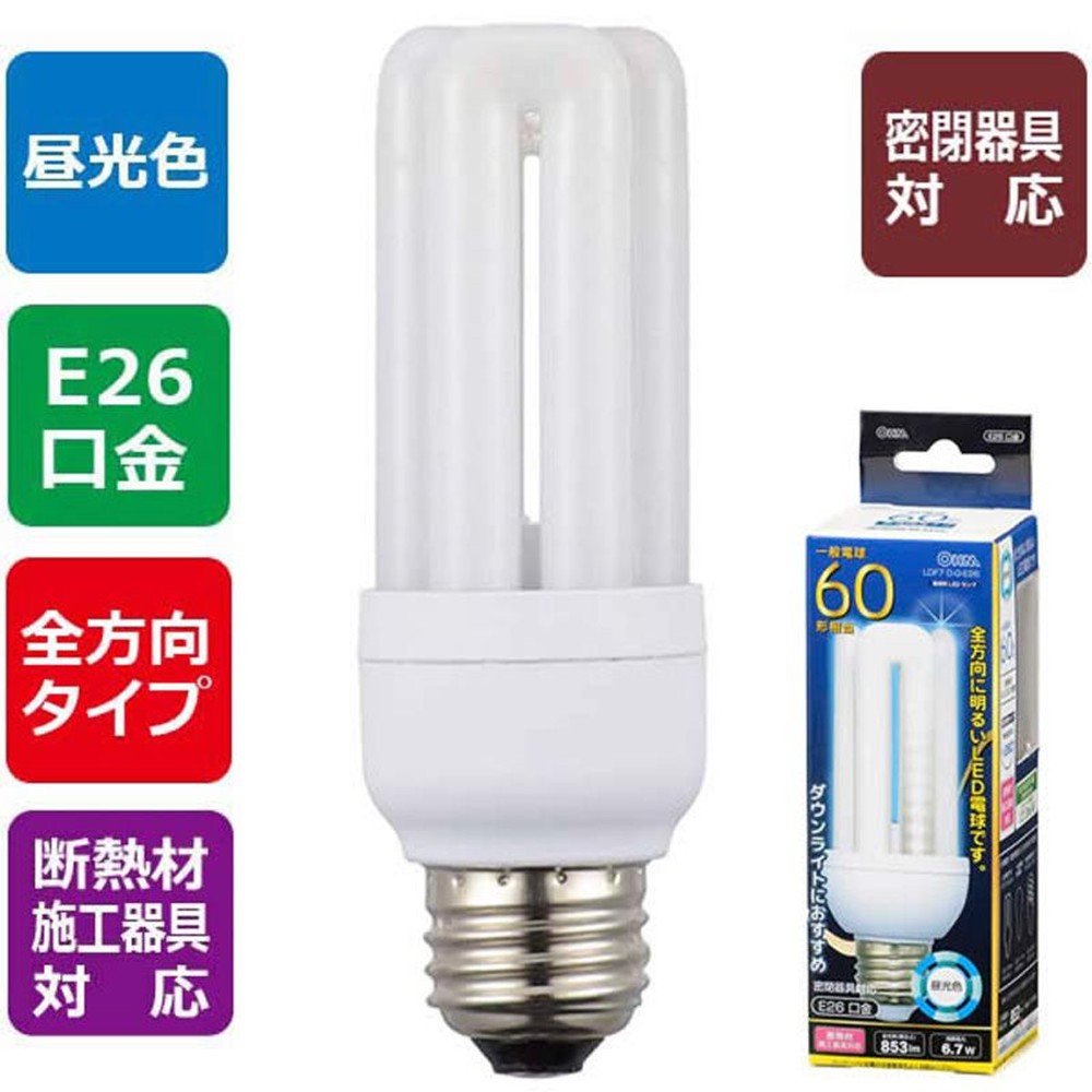 ＯＨＭ　ＬＥＤ電球　Ｄ形　Ｅ２６　６０形相当, 電球色, 60W形