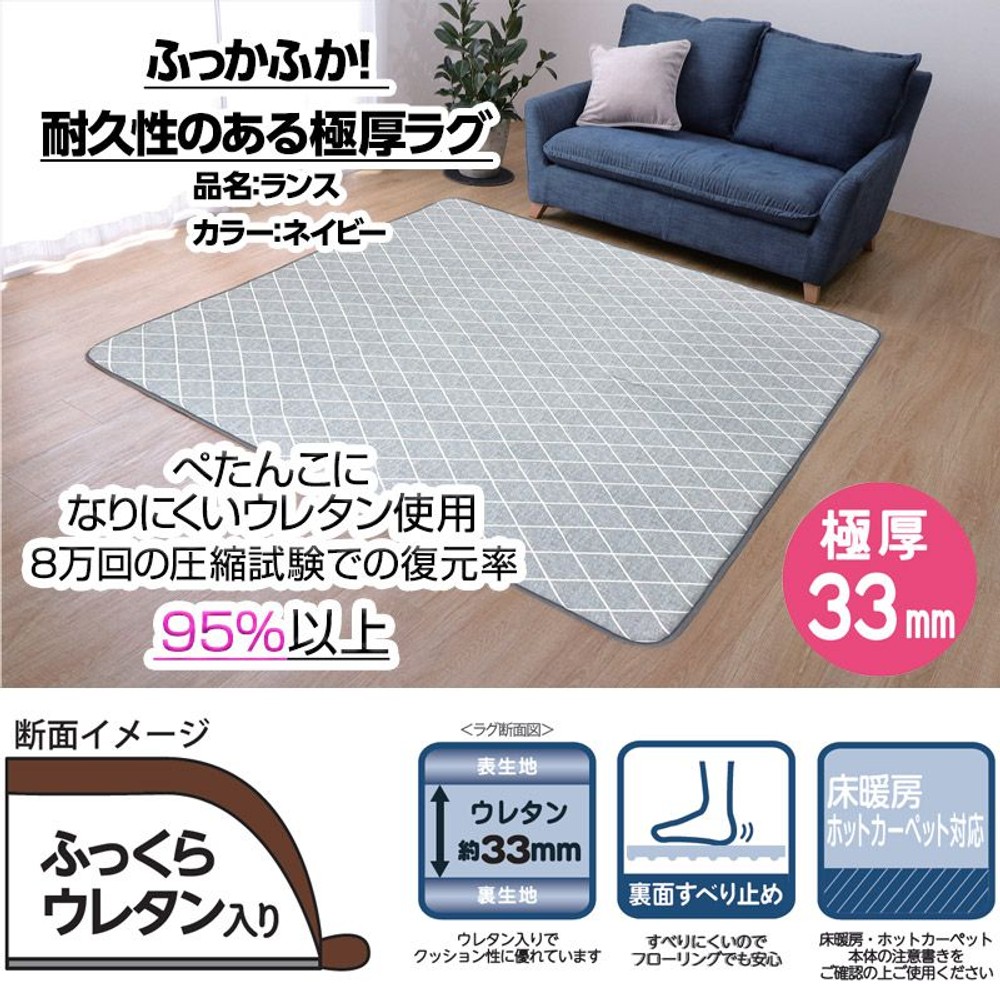 ふっかふか！耐久性のある極厚ラグ ランス  極厚33mm ネイビー カーペット, その他カラー１, 90×185mm