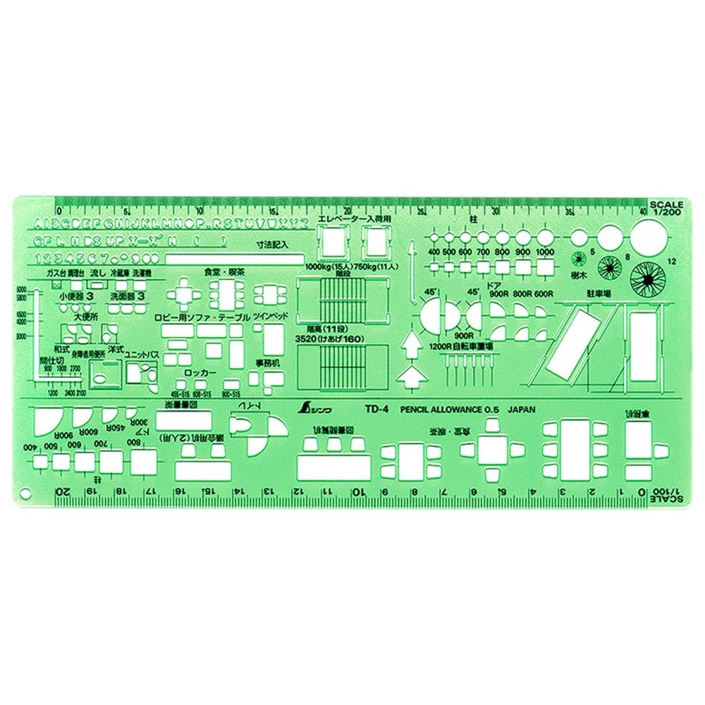 テンプレート TD-4建築記号定規1/100・1/200, 66010, 105&times;230&times;0.75mm