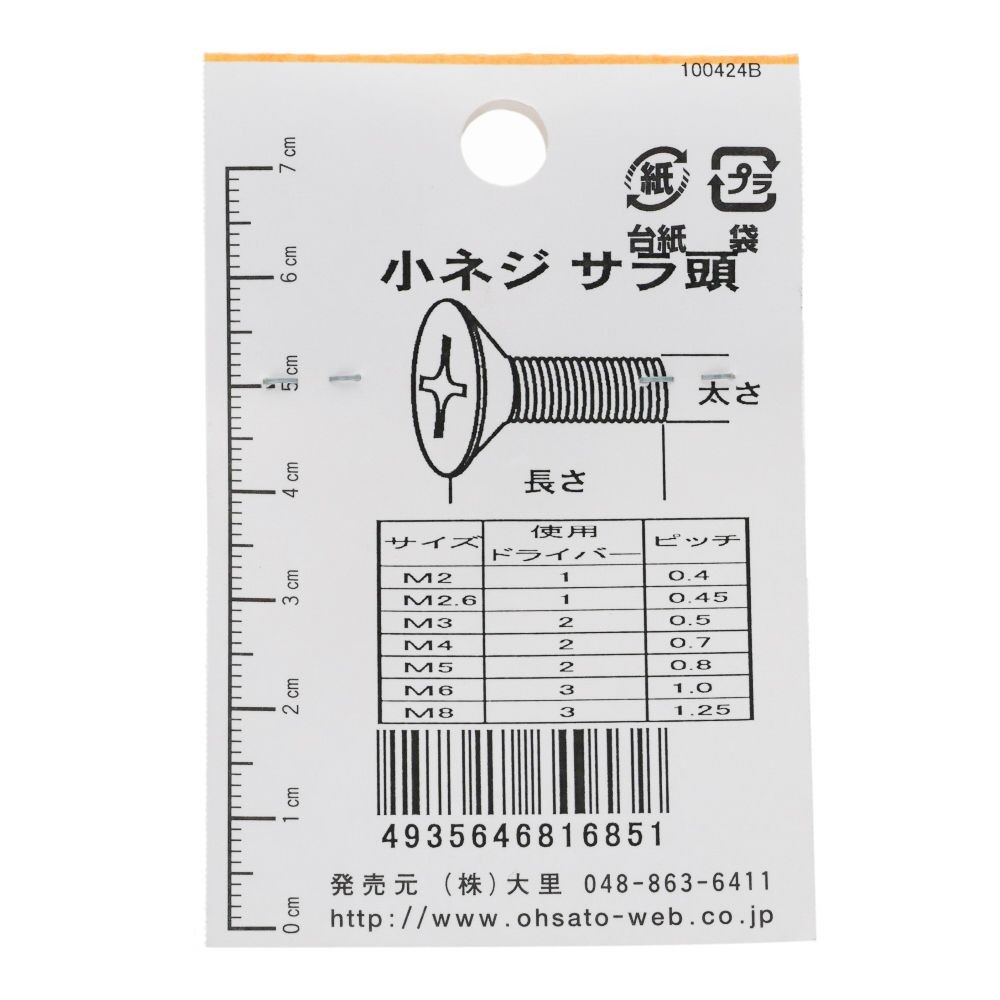 小ねじ　皿　プラスチック　Ｍ４&times;１０ｍｍ　３本入　小袋, ねじ, M4&times;10mm
