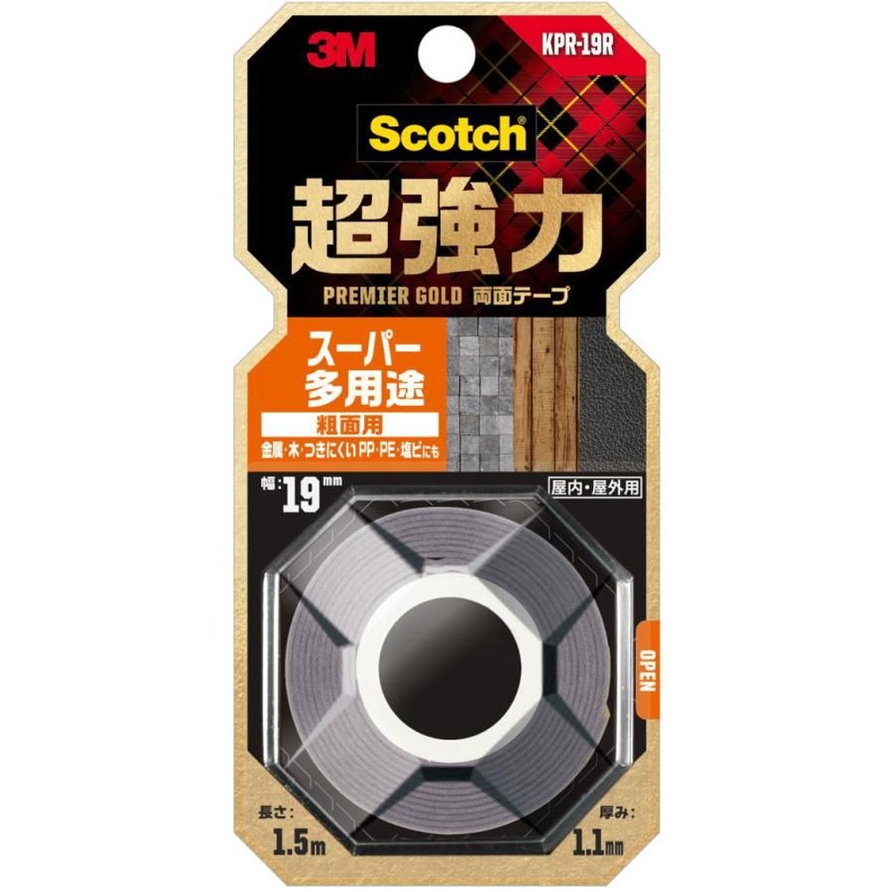 3M 超強力両面テープ プレミアゴールド スーパー多用途 粗面用 19mm&times;1.5m KPR-19R, グレー, 幅19mm&times;長さ1.5m
