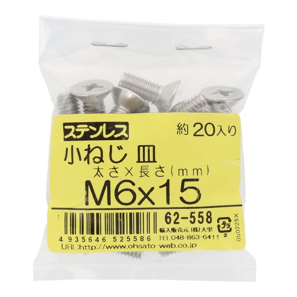 ＯＨＳＡＴＯ　ステンレス　小ねじ　皿　Ｍ６&times;１５　２０入, ステンレス, 20個入り