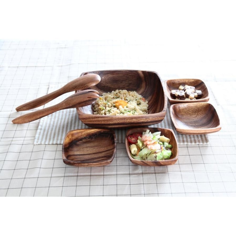 不二貿易  アカシアボウルセット（スプーン＆フォーク付）Ａスクエア 【メーカー直送・代引不可】, Aタイプ, スクエア