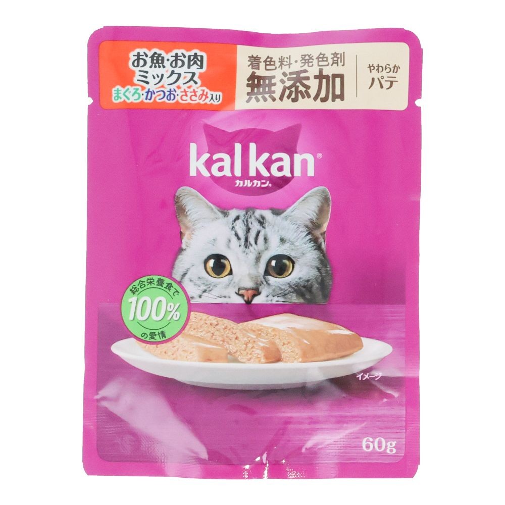 カルカンパウチ　やわらかパテ　お魚お肉Ｍ鮪・鰹・ささみ無添加, やわらかパテ　お魚お肉ミックス, 60g