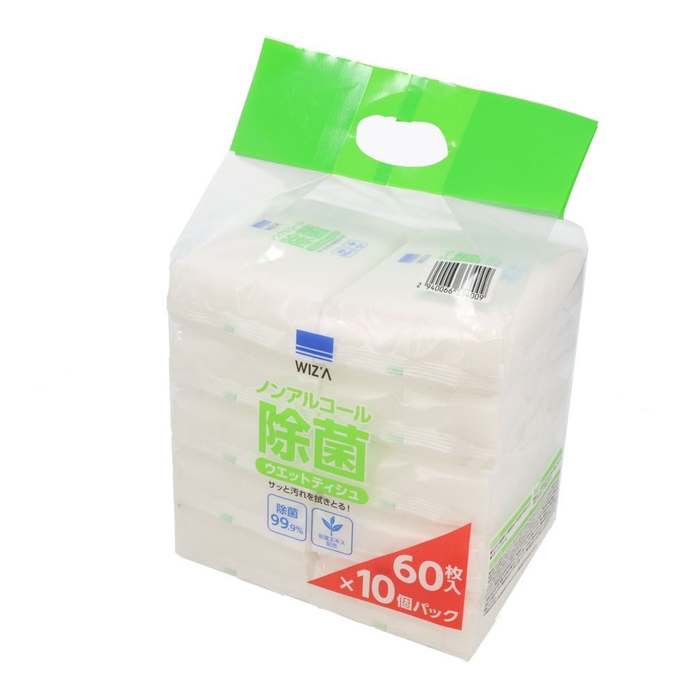 WIZ'A　ウィザ　ノンアルコール除菌ウェット６０枚Ｘ１０個, ノンアルコール, 10個入り