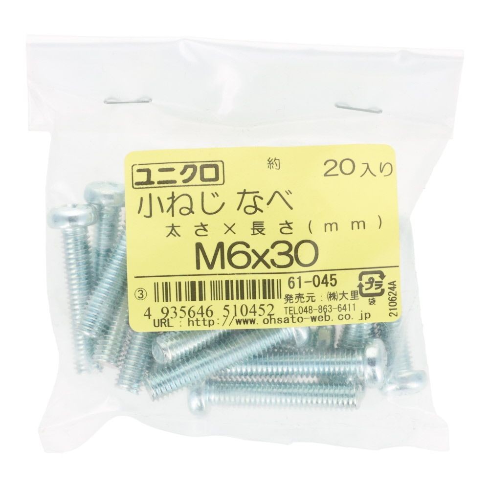 ユニクロ　小ねじ　鍋　Ｍ６&times;３０　２０個入り, 小ねじ, M6&times;30