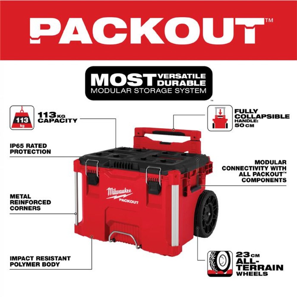 milwaukee PACKOUT キャリー式ツールボックス, 赤, 幅56.1&times;奥行47.2&times;高さ49.5cm
