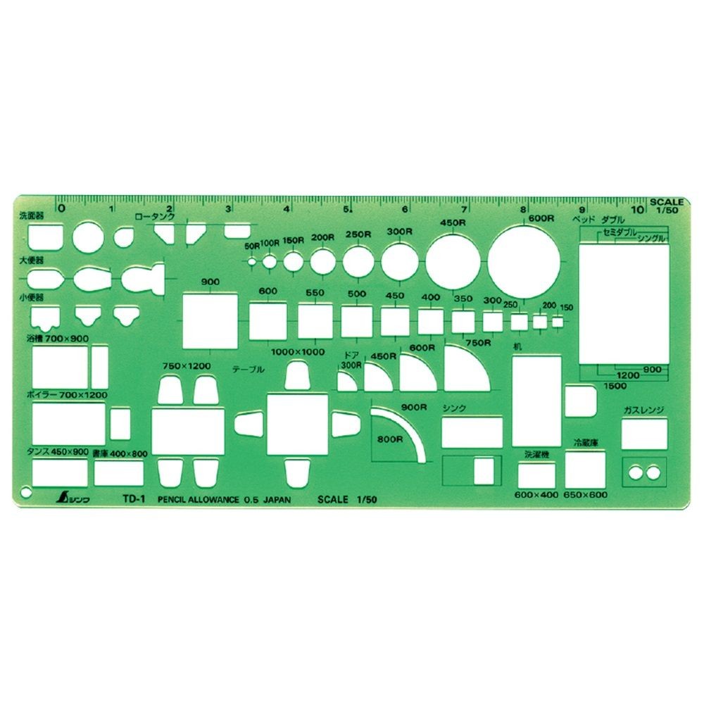テンプレート TD-1家具記号定規(大)1/50, 66007, 105&times;230&times;0.75mm