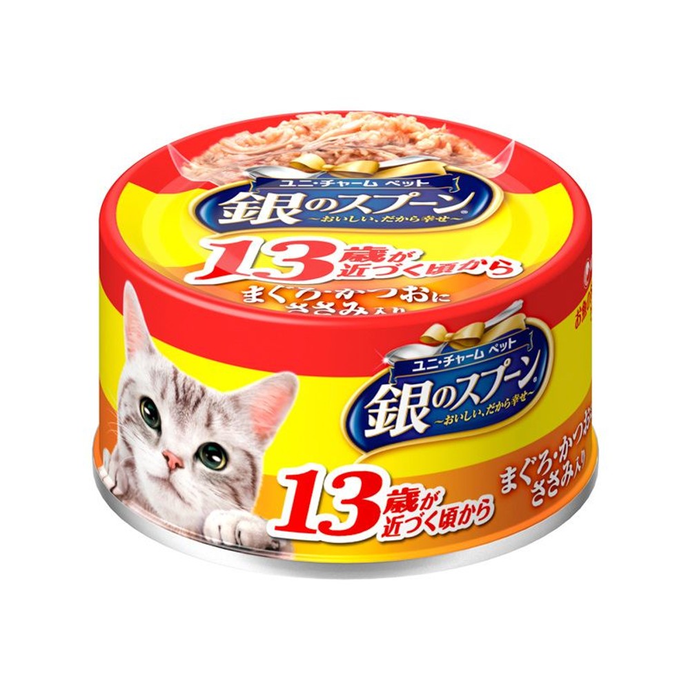 銀スプーン缶13歳以上用まぐろ・かつおにささみ入り　70ｇ, まぐろ・かつおにささみ入り, 70g