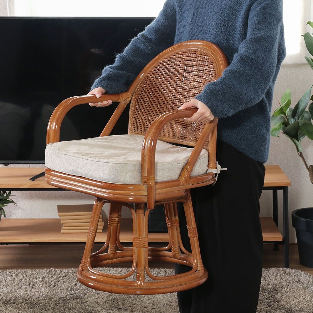 不二貿易 ラタン　回転チェア（ハイ）　ＬＢＲーＫＤ　１ＰＣ梱包【メーカー直送・代引不可】, ライトブラウン, 幅510mm&times;奥行540mm&times;高さ750mm