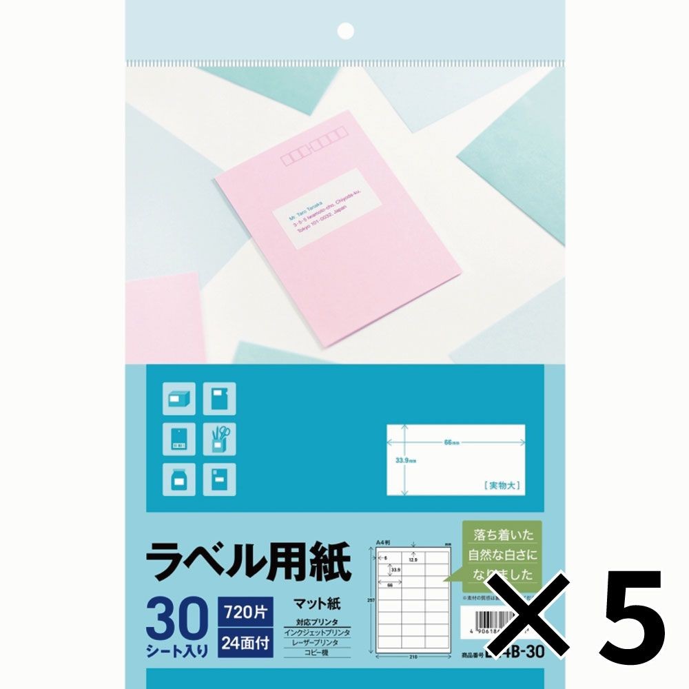 【5個セット】エーワン ラベル用紙 マット紙 24面 30シート 角丸 A4サイズ L24B30 3M 【メーカー直送・代引不可】, マット紙, L24B30              
