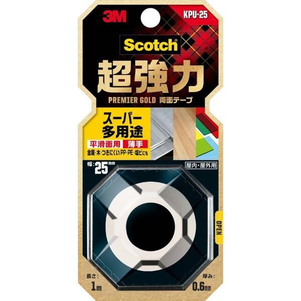 3M スコッチ 超強力両面テープ プレミアゴールド スーパー多用途 薄手 25mm×1m KPU-25, 白, 薄手 幅25mm×長さ1m