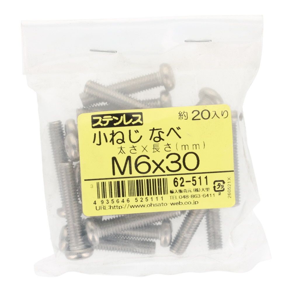 ステンレス　小ねじ鍋　Ｍ６&times;３０　２０個入, ステンレス, M6&times;30