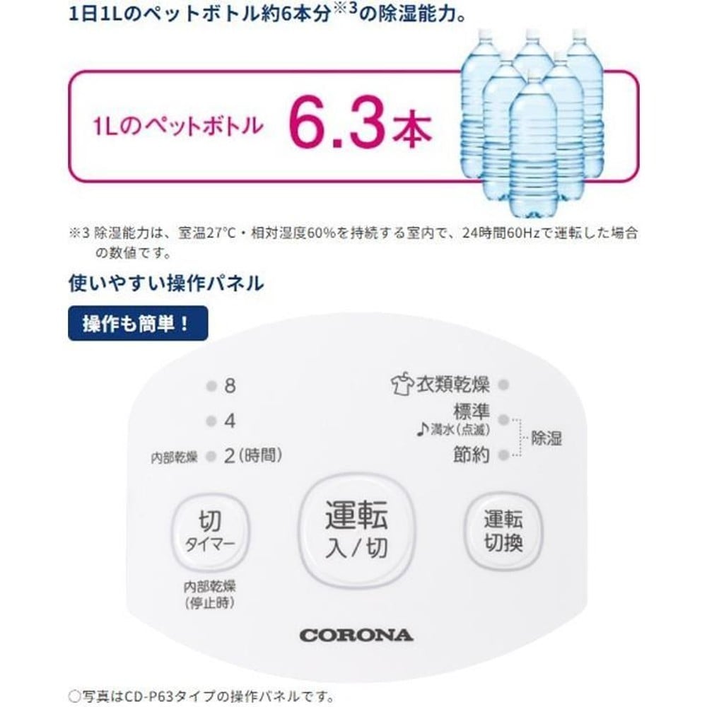 コロナ 衣類乾燥除湿機 CD-P6326（W) コンプレッサー式除湿機, ホワイト, 高さ515&times;幅220&times;奥行330mm