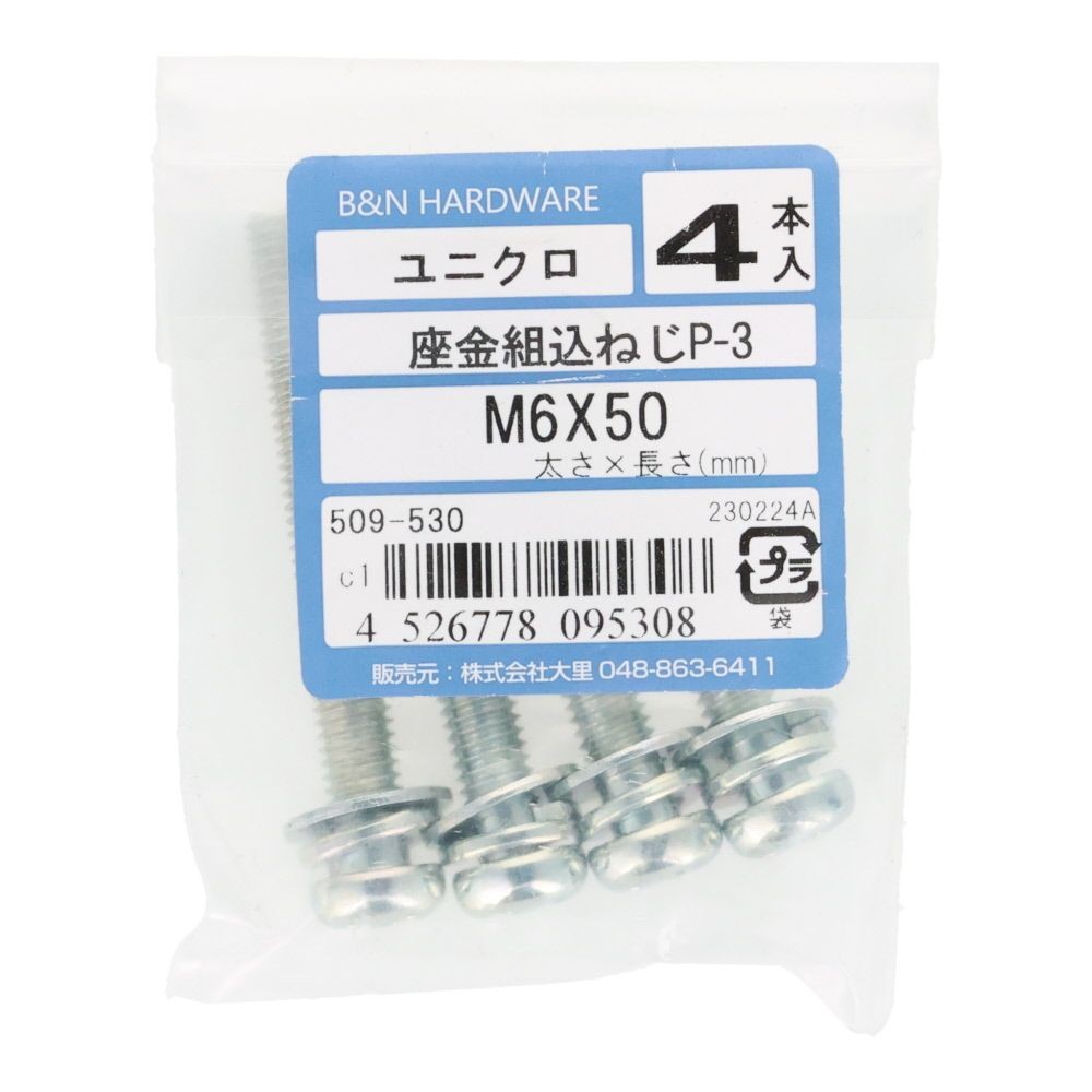 座金組込ネジ　Ｐー３　Ｍ６&times;５０　４本入, ねじ, M6&times;50