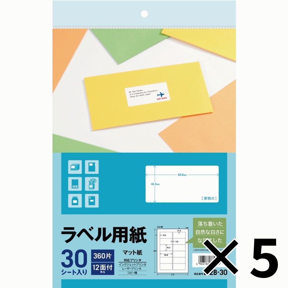 【5個セット】エーワン ラベル用紙 マット紙 12面 30シート 角丸 A4サイズ L12B30 3M 【メーカー直送・代引不可】, マット紙, L12B30              