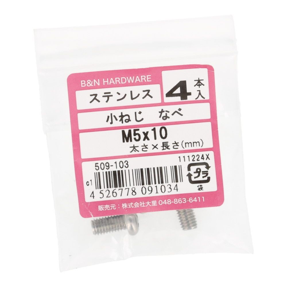 ＯＨＳＡＴＯ　ステン　コネジ　ナベ　Ｍ５&times;１０, ステンレス, 4本入り